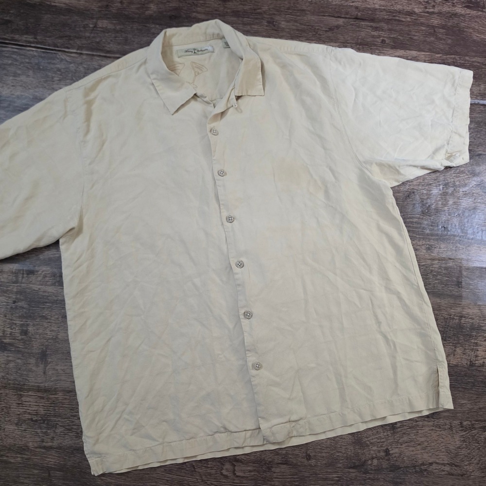 TOMMY BAHAMA Camp Shirt Mens XL Yellow 100% Silk Martini Jacquard Short Sleeve